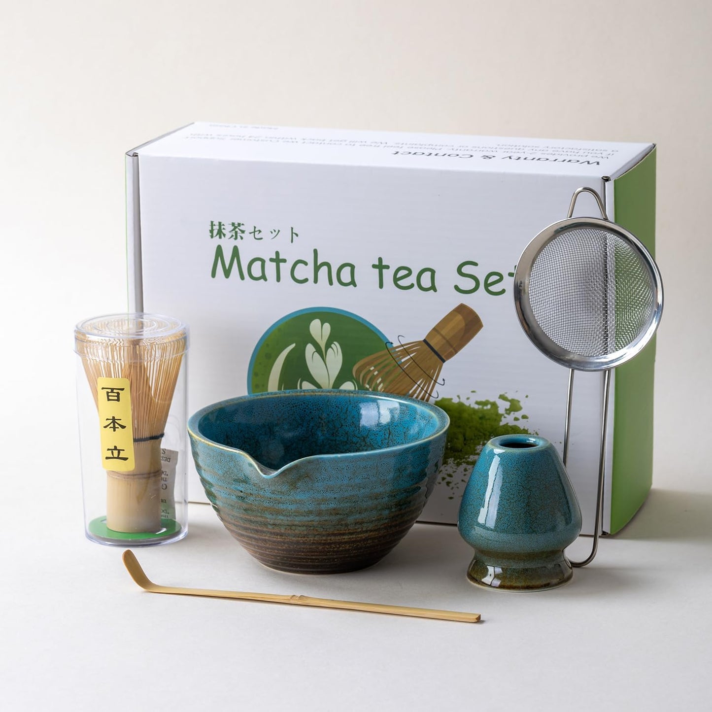Traditional Matcha Tea Ceremony Set with Ceramic Bowl, Bamboo Whisk, Stand and Strainer, 5-Piece (blue)