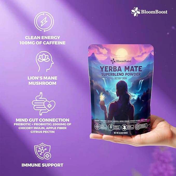 Yerba Mate Instant Tea Powder – Yerba Mate, Ashwagandha, Lion’s Mane, Chlorophyll, Peach Mango Flavor – 6.34 oz (18 Servings) – Sugar-Free, Gluten-Free, Superfood Energy & Focus Blend