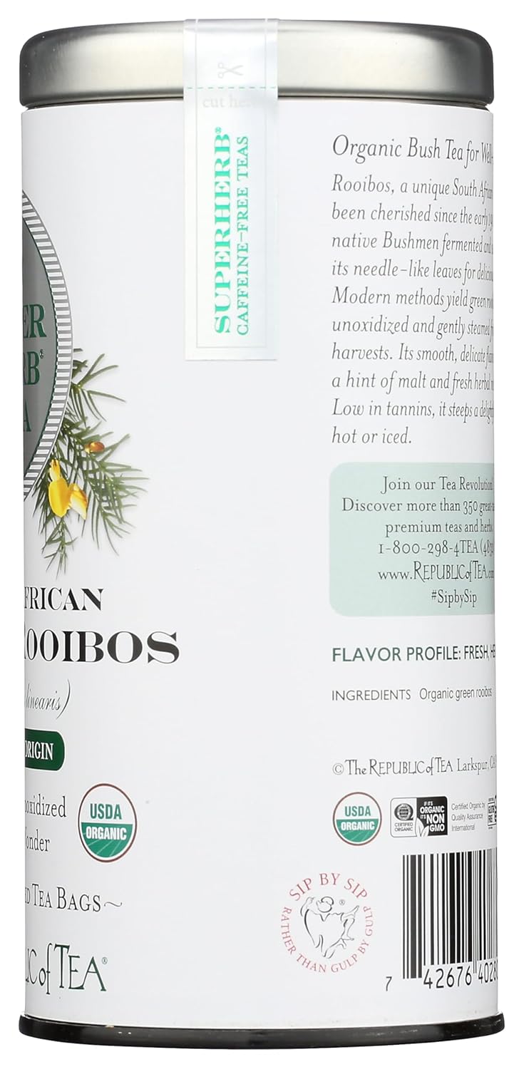 The Republic of Tea — Organic South African Green Rooibos SuperHerb Tea Tin, 36 Herbal Tea Bags, Naturally Caffeine-Free Herbs of Origin