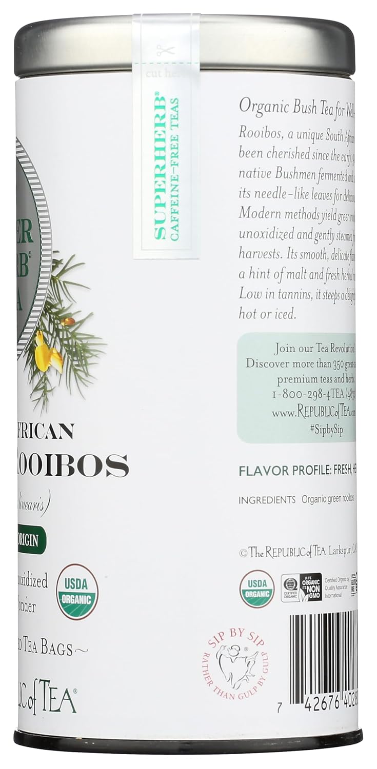 The Republic of Tea SuperHerb South African Green Rooibos Herbal Tea, 36 Ct | Caffeine Free. Suitable for day or evening sipping. Mellow with a rounded finish. USDA Organic and Gluten Free.