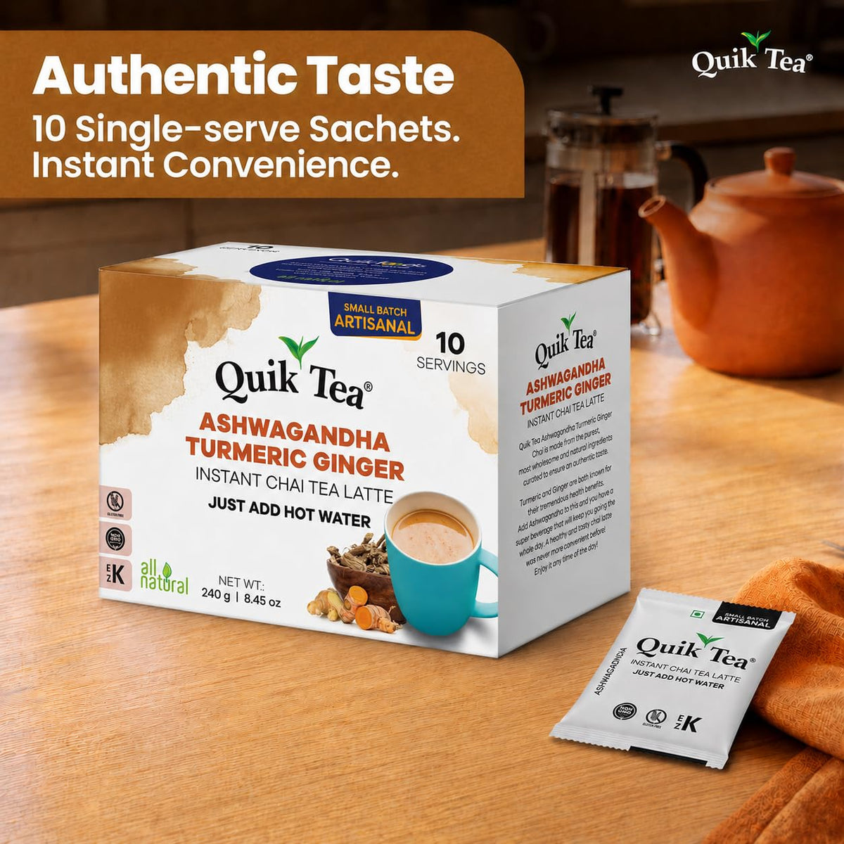 Quik Tea QuikTea Instant Chai Tea Latte Mix, Ashwagandha Turmeric Ginger, 10 Sachets