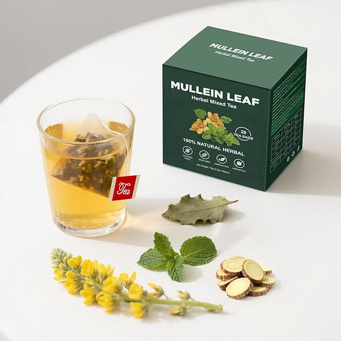 Natural Mullein Tea Bags – Mullein Leaf & Mint Herbal Blend, Caffeine-Free, 20 Bags
