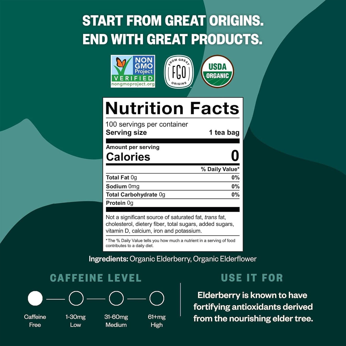 FGO Organic Elderberry Tea, 100 Count, Eco-Conscious Tea Bags, Resealable Bag, Packaging May Vary (Pack of 1)