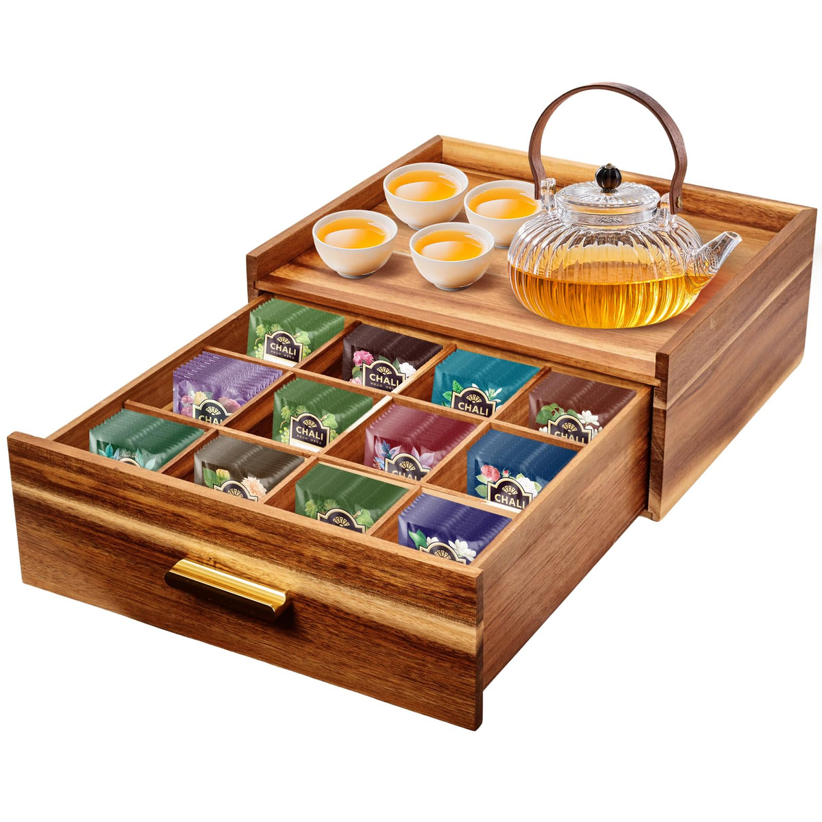 NANXITU Acacia Wood Tea Holder Organizer, Tea Box Organizer Storage Box