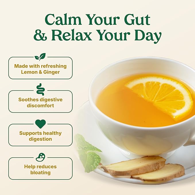 Poop Like A Champion Tummy Soother Lemon Ginger Tea, 30 Bags, Digestive Herbal Tea for Soothing Relief, Ginger Lemon Tea Bags, Organic Ingredients