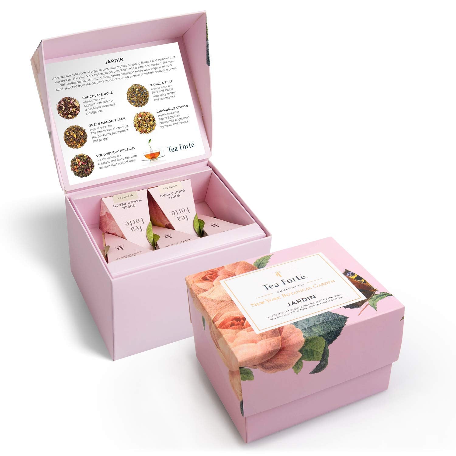 Tea Forte Jardin 3-Piece Premium Tea Gift Set with Rose Pink Cafe Cup with Lid, Tea Tray and 10 Assorted 2 of Each Variety Organic Handcrafted Pyramid Infuser Tea Bags