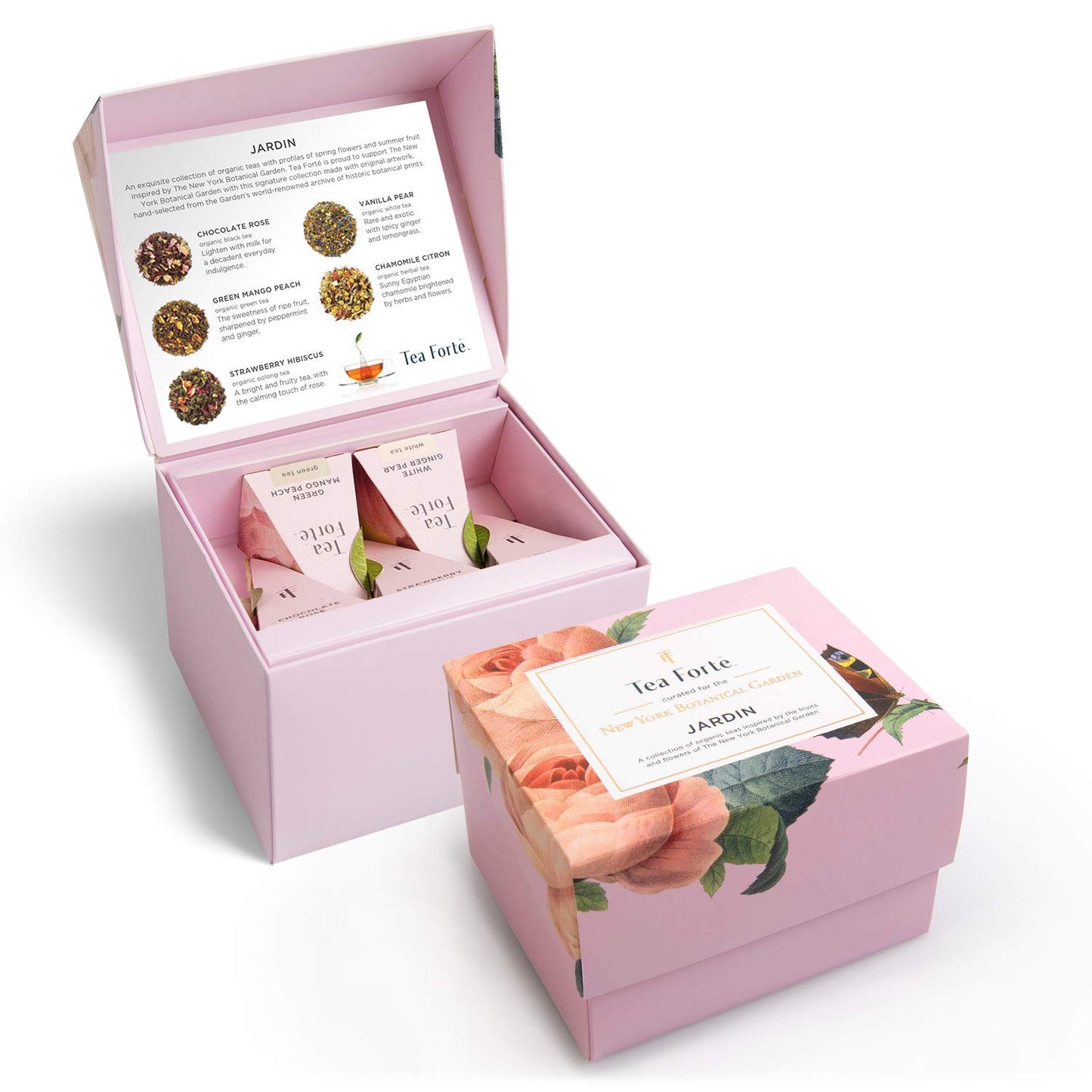 Tea Forte Café Cup Tea Gift Set, Jardin, 10 Pyramid Infusers | 8 oz Porcelain Tea Cup, Lid &amp; Tea Tray - 2 of Each Blend - Individually Wrapped - Giftable Presentation Box