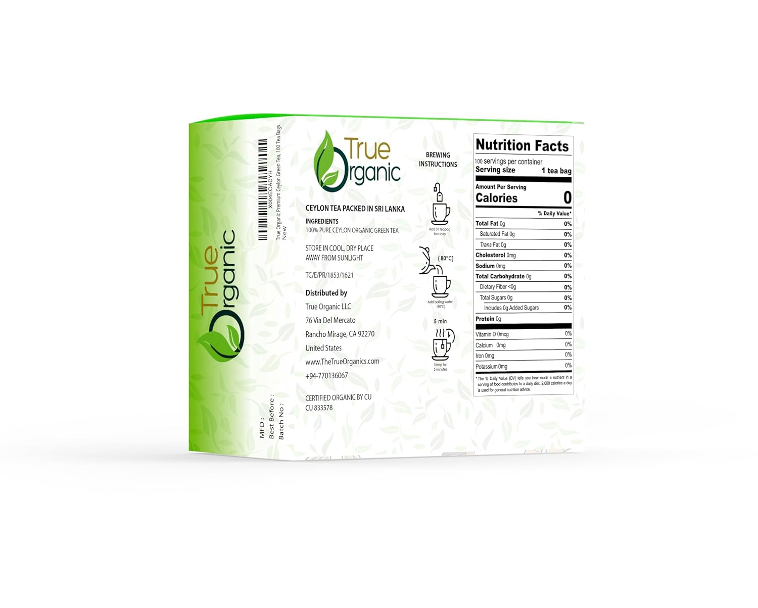 True Organic Premium Ceylon Green Tea |100 Count Tea Bags | USDA Organic & Kosher Certified |100 Envelop Organic Green Tea for Your Home & Cafe.