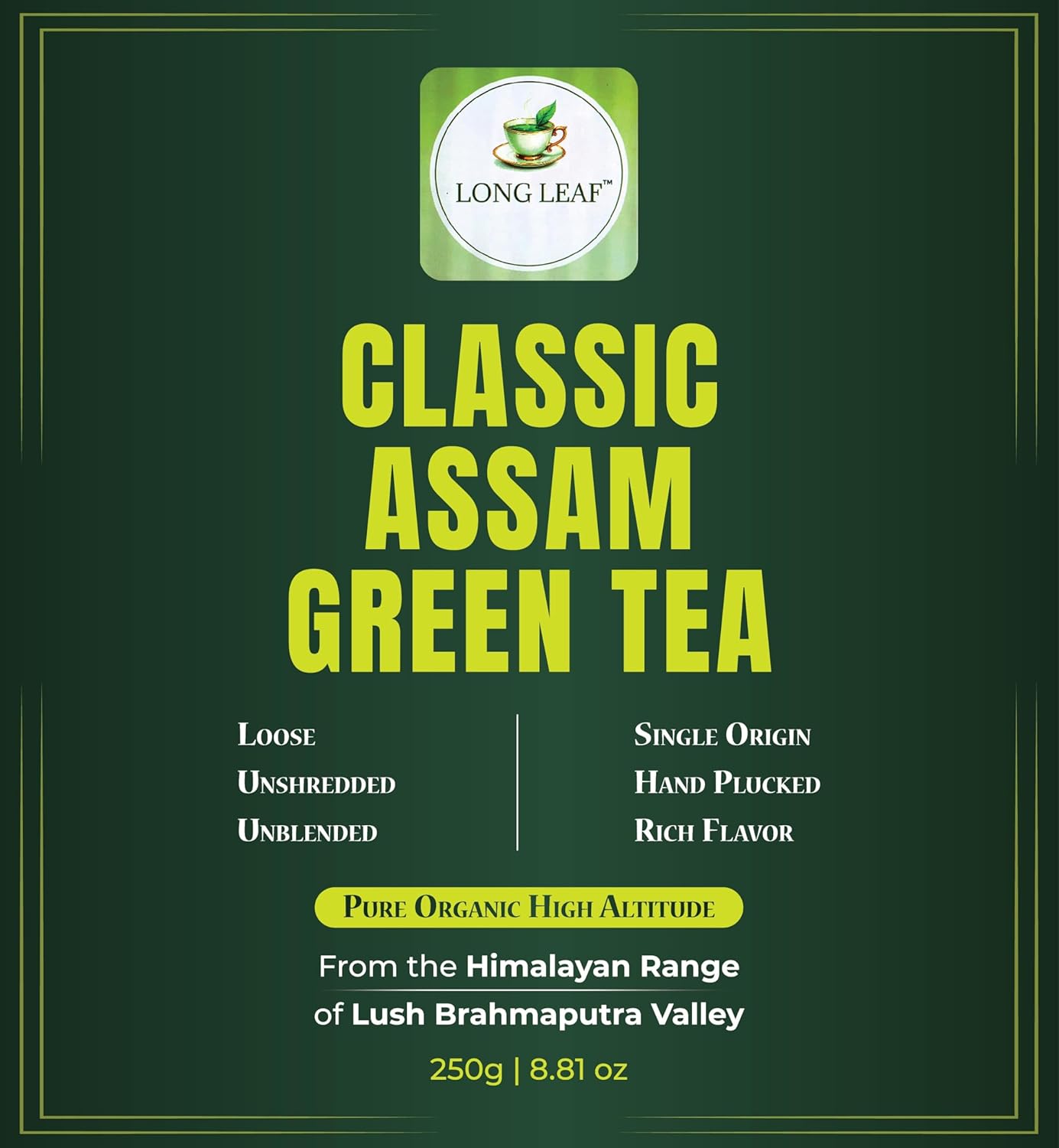 CLASSIC ASSAM GREEN TEA, Green Tea, Loose Leaf (250g/8.81oz)/100 Cups | Non-GMO, 100% Pure Organic Green Tea Leaves Sourced from Lush Brahmaputra Valley in the Himalayan Foothills, Assam, India | Resealable Ziplock Pouch