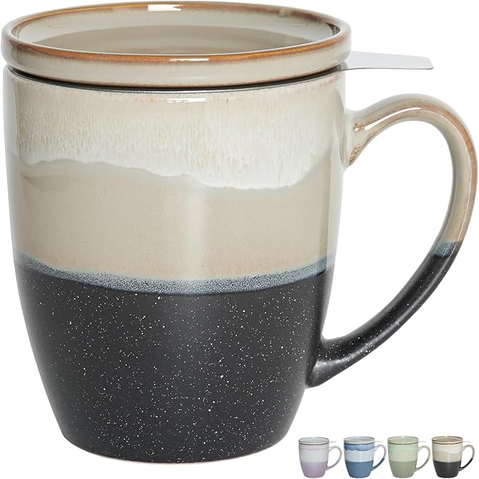 Bosmarlin Ceramic Tea Cup with Infuser and Lid, 16 Oz, 4 Colors to Choose, Dishwasher and Microwave 