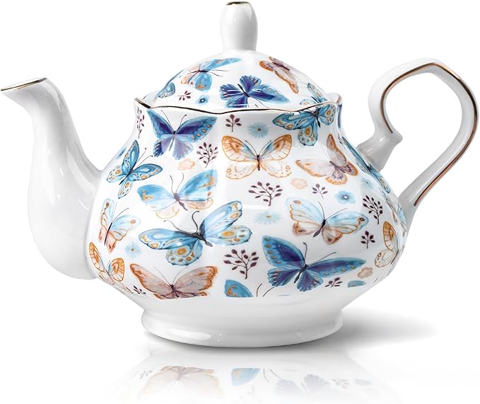 33.8 oz Porcelain Tea Pot Luxury Gold Trim Floral Ceramic Teapot Waterpot Tea Maker for Blooming Loo