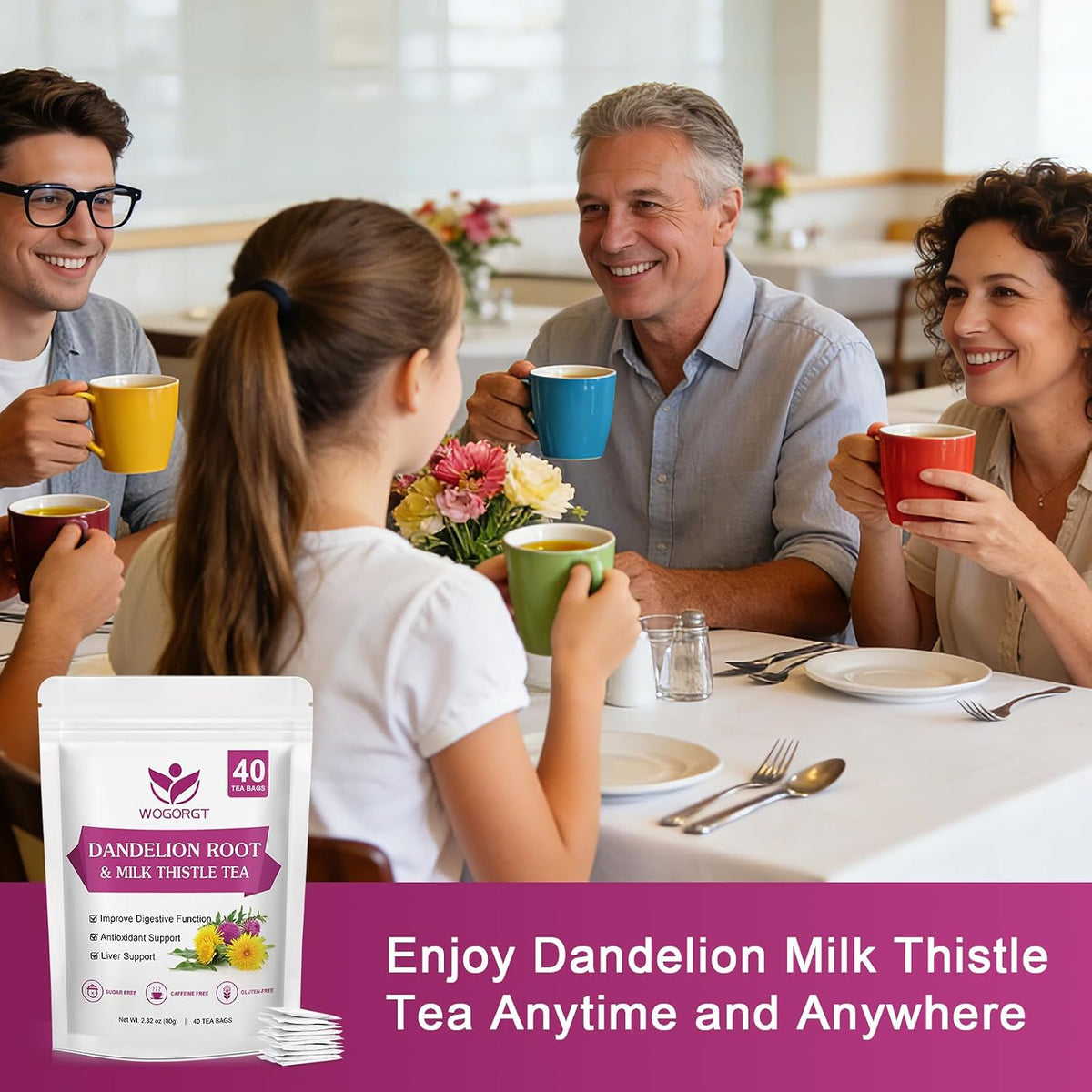 WOGORGT Dandelion Root with Milk Thistle Tea for Liver Support, 40 Tea Bags
