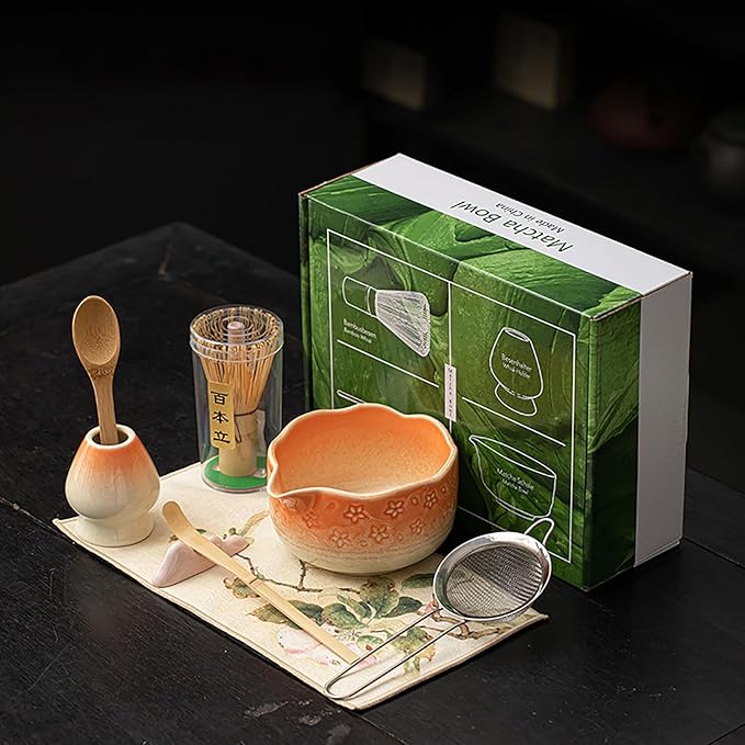 Matcha Whisk Set, 8-Piece Matcha Tea Set with Bamboo Whisk (Chasen), Ceramic Bowl (Chawan), Sifter, 