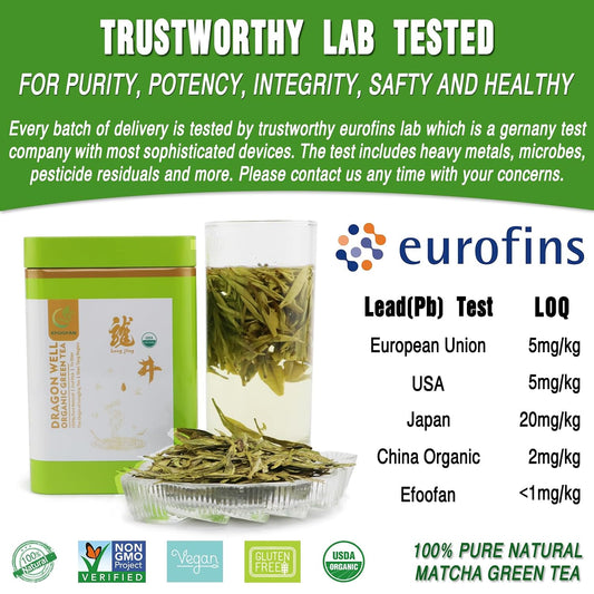 EFOOFAN Organic Dragonwell Green Tea, Loose Leaf, 2nd Harvest, 100g Tin | USDA organic. Yu Qian: full-bodied, toasty &amp; grassy. Hand-crafted, pan-fired. Re-steep 2-3x. Spent leaves edible. Premium tea