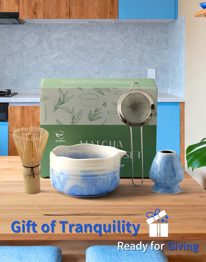 Pottery Matcha Set - Japanese Handcrafted Matcha Tea Bowl Mineral Glaze Bowl with Spout, Bamboo Whisk, Scoop & Chasen Holder | 5pc Tea Ceremony Kit for Matcha Lovers (Azure Erosion)