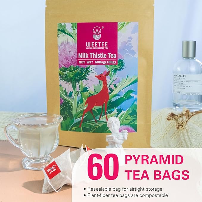 WT Weetee Milk Thistle Tea Bags, Made with 100% Pure Milk Thistle Seeds, Natural Caffeine-free Herbal Tea Detox Tea 3g x 60 Counts