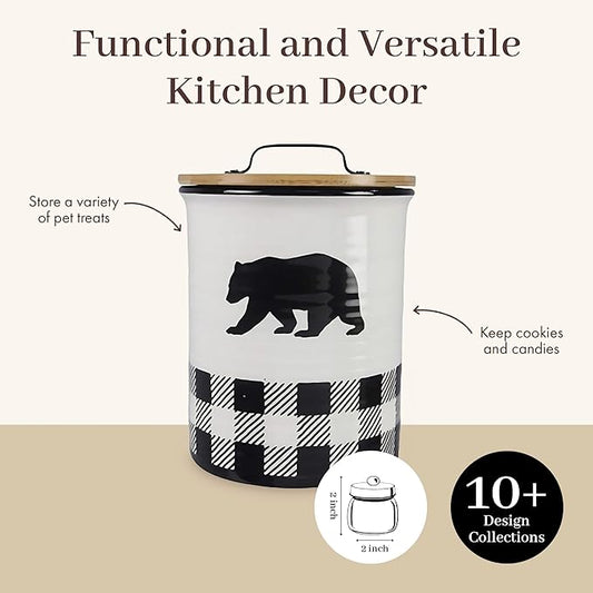 Young's Ceramic Treat Jar with Airtight Lid, Black and White Buffalo Plaid Bear Dog Treat Container, Decorative Cat Food Storage Canister