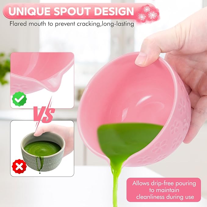 8 PCS Matcha Whisk Set Cute cute matcha bowl and Bamboo whisk set Ceremonical Matcha Making Kit Ceramic Whisk Holder Stand, Sifter, Scoop Japanese Tea Tools For Ceremony Gift-Pink