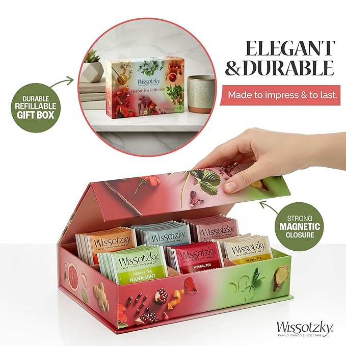 Wissotzky Herbal Tea Variety Pack Sampler (42 Tea Bags) in a Premium Reusable Gift Box | Caffeine-Free | 6 Exciting Flavors | Individually Wrapped Tea Bags | Ideal Present for Thanksgiving, Holiday & Corporate Gifting | Magnetic Closure Box | Kosher