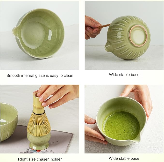 Matcha Kit - 8 Pcs Matcha Set Whisk and Bowl, Matchas Tea Set with Bamboo Whisk(Chasen), Mottled Green Matchas Kit for Macha Lover, Ideal Gift Christmas, Birthday, Anniversary (Mottled Green)