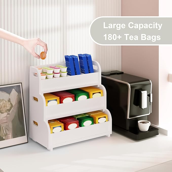 Wisuce Tea Holder for Tea Bags Organizer - White Bamboo Tea Organizer for Tea Bags 3-Tier Stackable Wall Mount Large Capacity Tea Storage Box to Pantry Countertop Kitchen Office