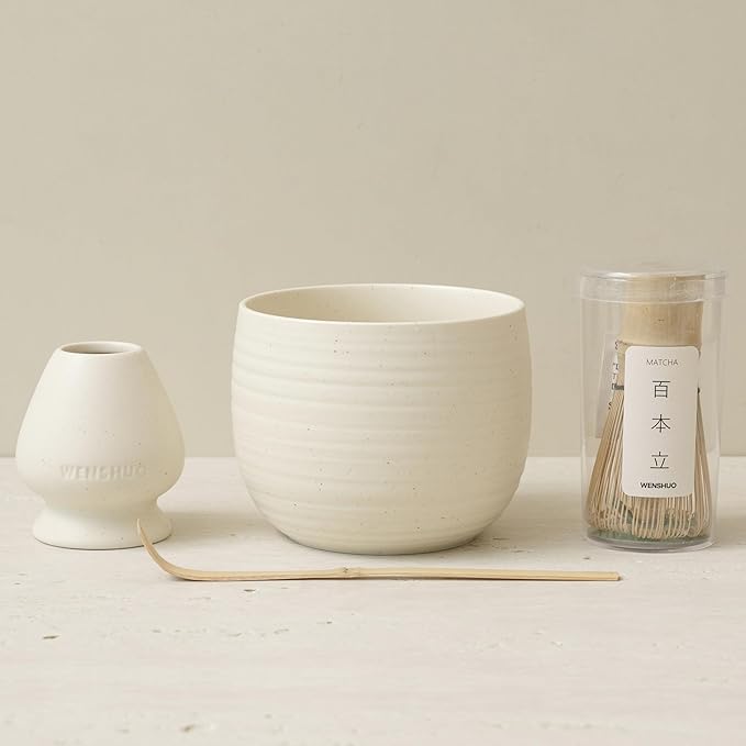Matcha Whisk Set, Ceramic Matcha Bowl & Whisk Holder, Bamboo Accessory, Modern Design (Matte Crème, 