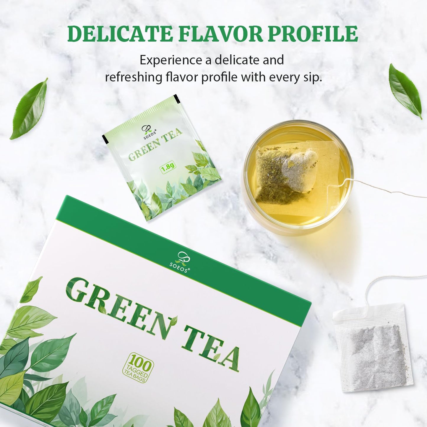 Soeos Green Tea, 6.3 oz (180g), 200 Tea Bags, Pack of 2, Refreshing and Fragrant, Sustainably Sourced, Ideal for Hot or Iced Tea, Long-Lasting Freshness