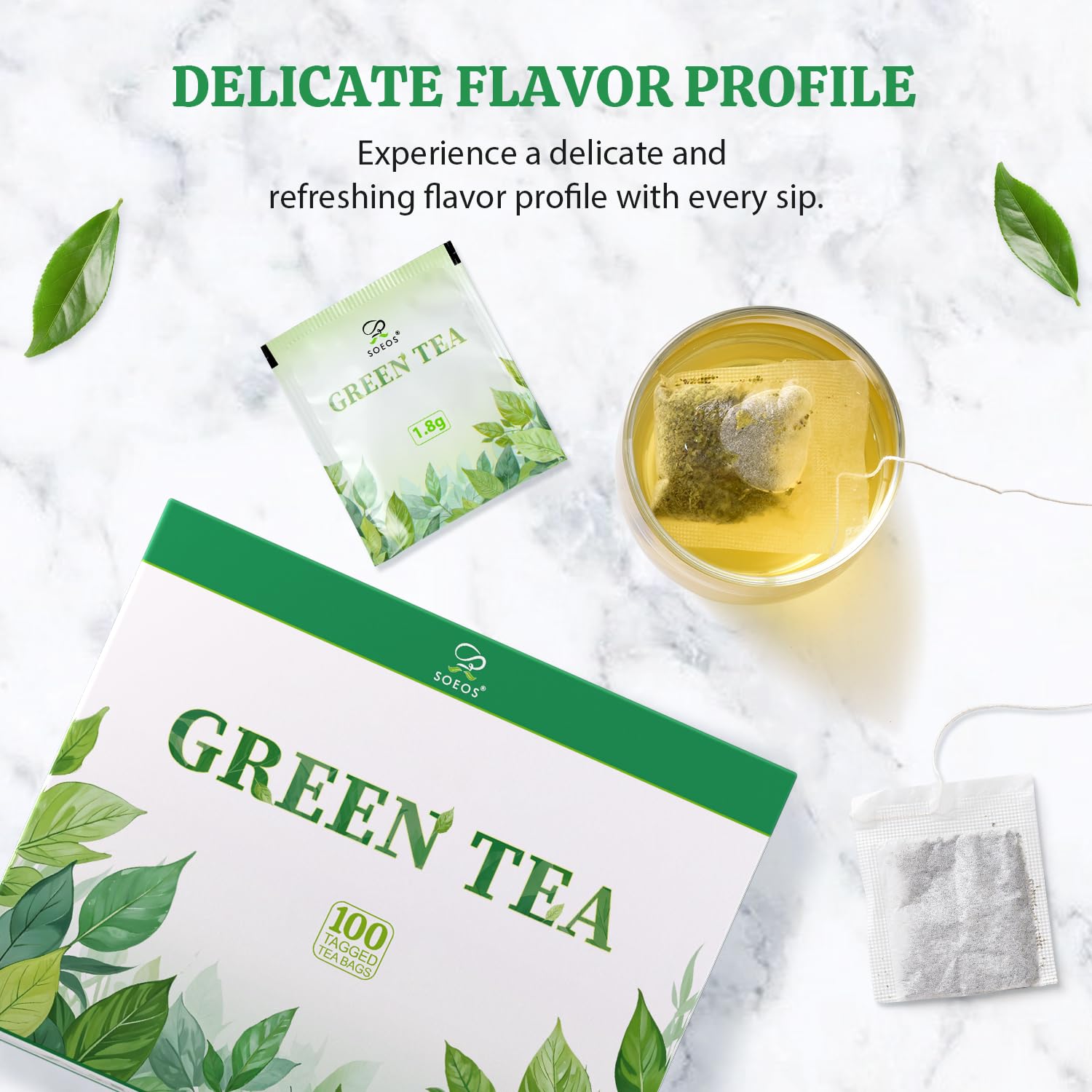 Soeos Green Tea, 6.3 oz (180g), 200 Tea Bags, Pack of 2, Refreshing and Fragrant, Sustainably Sourced, Ideal for Hot or Iced Tea, Long-Lasting Freshness