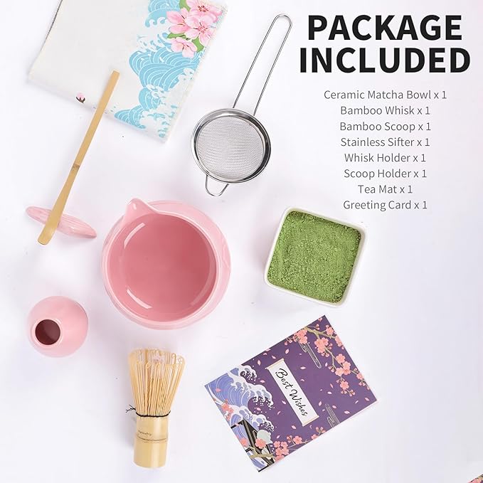 Matcha Whisk Set with Bowl, 8 Pcs Matcha Kit with Ceramic Holder, Scoop Holder, Sifter, Tea Towel, Greeting Card, Bamboo Whisk and Scoop