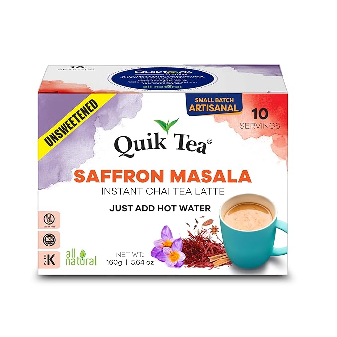 QuikTea Saffron Masala Unsweetened Chai Tea Latte – 10 Count, Bold Saffron Masala Flavor, no preservatives, No Sugar Added – Just Add Hot Water