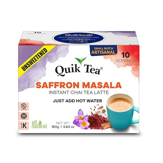 QuikTea Saffron Masala Unsweetened Chai Tea Latte – 10 Count, Bold Saffron Masala Flavor, no preservatives, No Sugar Added – Just Add Hot Water