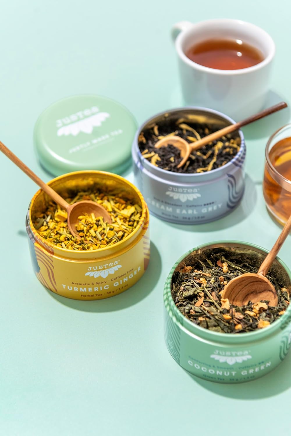JusTea ASSORTED TEA TRIO 3 Flavour Variety Pack, 45+ Cups Tin with Spoon | Fair-Trade ASSORTED TEA TRIO. 3 Loose Leaf Teas in Stacking Tins with a Hand-carved Tea Spoon, 110g/3.9oz. Variable Caffeine