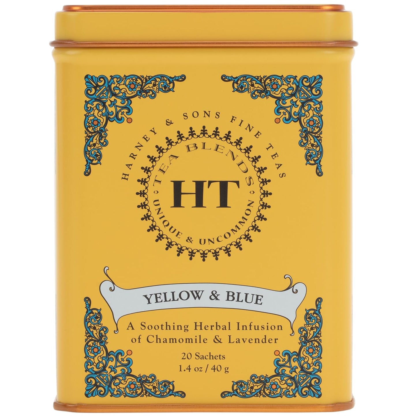 Harney &amp; Sons Master Yellow &amp; Blue Tea Tin - Herbal Blend of Chamomile, Lavender, and Cornflowers - 0.9 Ounces, 20 Sachets 1 Pack | Herbal tea with chamomile, lavender and cornflowers. Naturally caffeine free.