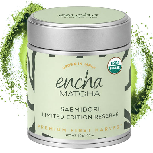 Encha Matcha Tea Saemidori Limited Edition Reserve - Ceremonial Grade Matcha Powder - Single Origin - Premium First Harvest Organic, Japanese - 1.06oz/30g Tin