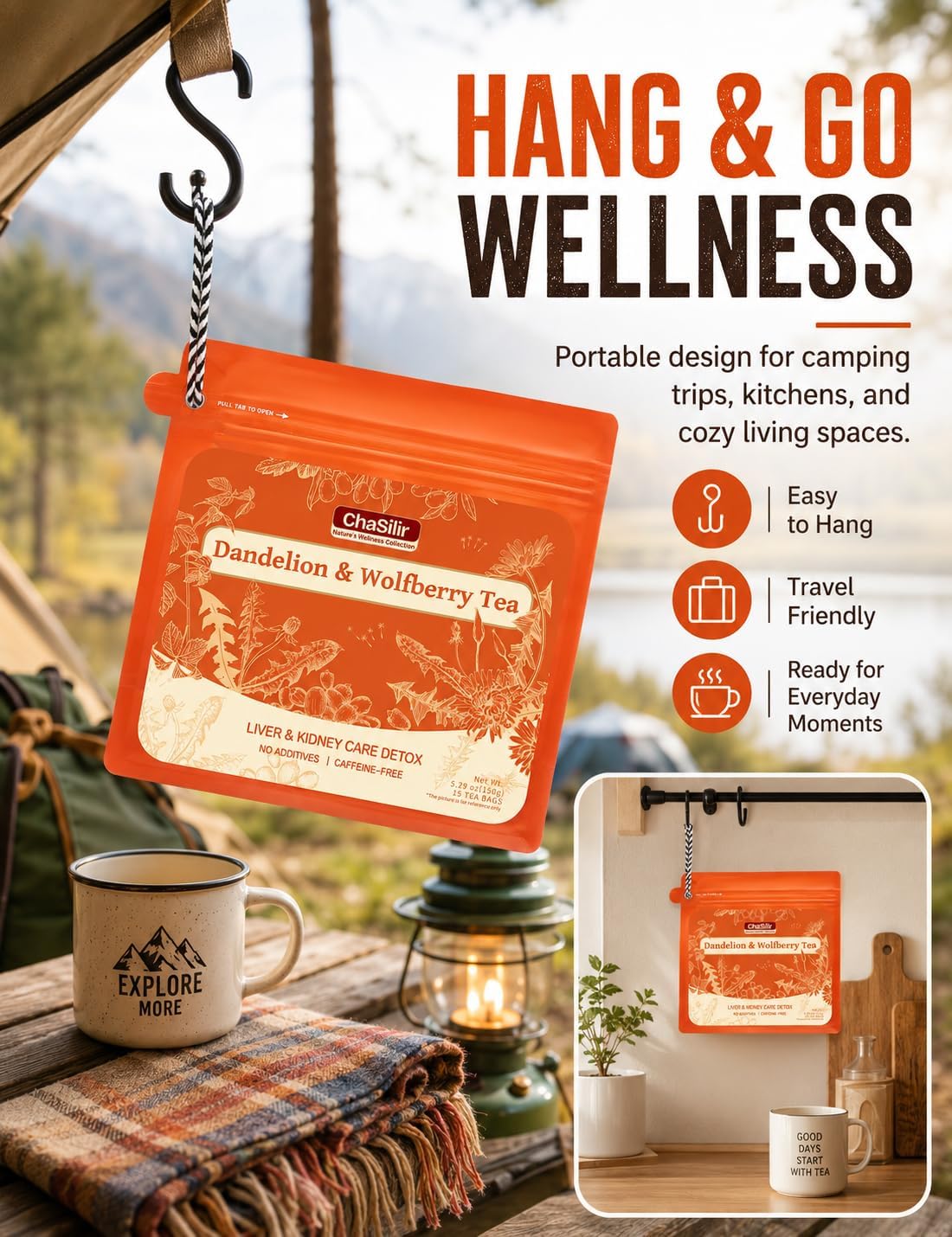ChaSilir Organic Dandelion Root &amp; Wolfberry Detox Tea Bags - Liver &amp; Kidney Health Support, 15 Compostable Corn Fiber Bags (Caffeine-Free, Plastic-Free, Cleanse &amp; Repair Formula)