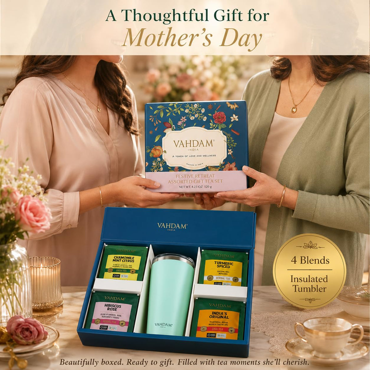 VAHDAM Assorted Tea Gift Set for Mom with Cruise Tumbler (4 Varieties