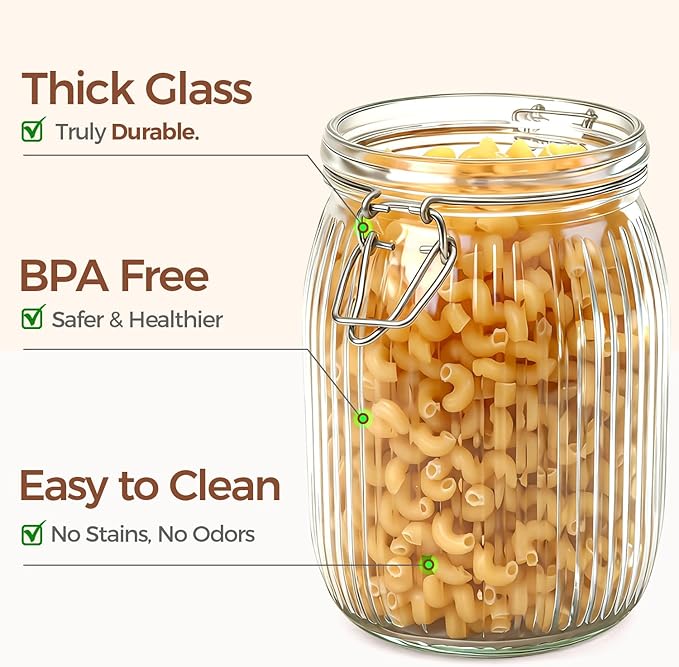 ComSaf Airtight Glass jar with lid 34oz Set of 3, Glass Storage Containers with Lids, Glass Canisters, Striped Clip Fastening Jar for Kitchen Canning