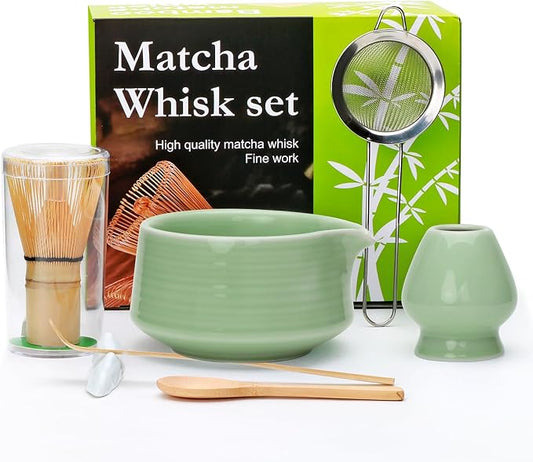 Matcha Whisk Set,7pcs Green Matcha Set includes Matcha Bowl (19 oz),Bamboo Matcha Whisk and Matcha Scoop,Matcha Whisk Holder,Stainless Steel Sifter