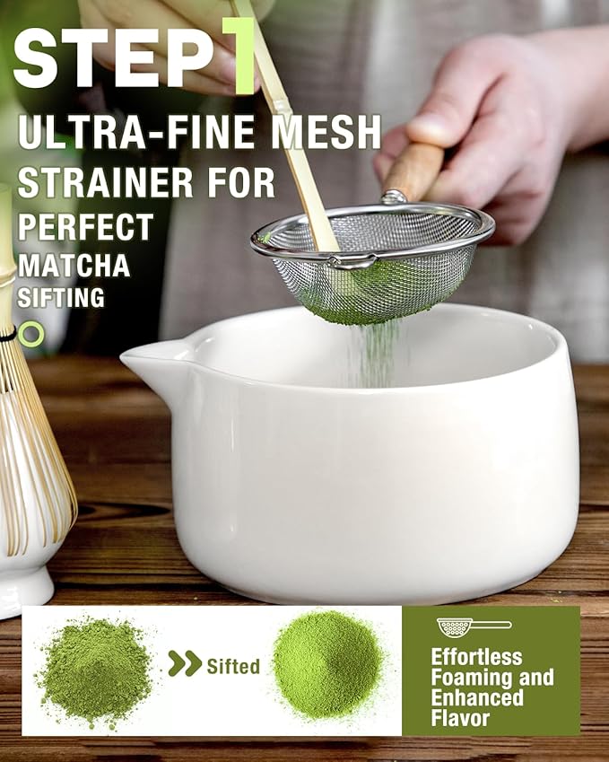 20OZ Matcha Whisk Set - 5PCS Matcha Kit Includes Ceramic Bowl with Spout, Bamboo Whisk with Holder, Bamboo Scoop and Sifter, Matcha Set for Ceremony