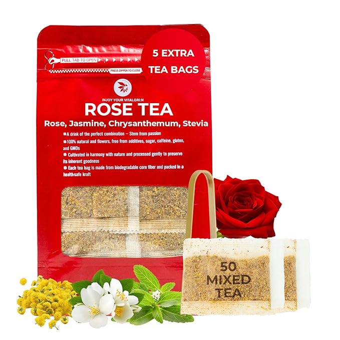 Rose Tea, Re-Steep Chrysanthemum, Jasmine & Stevia Herbal Tea - 55 Count (+5 Tea Bags) Bamboo Tong Included - 4.37 oz, Relax,Support, Up Mood