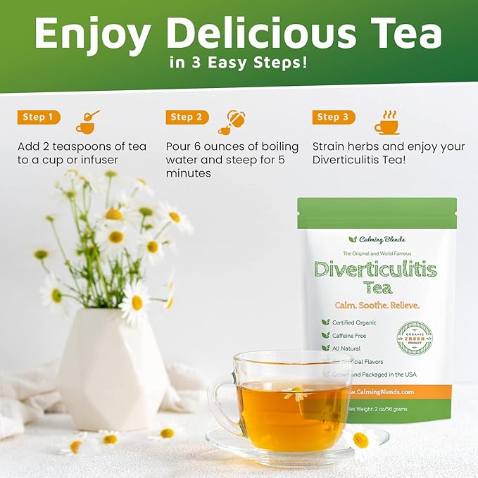 Calming Blends Diverticulitis Tea, Organic Loose Leaf Tea, Caffeine Free, 36 Cups, Made In USA