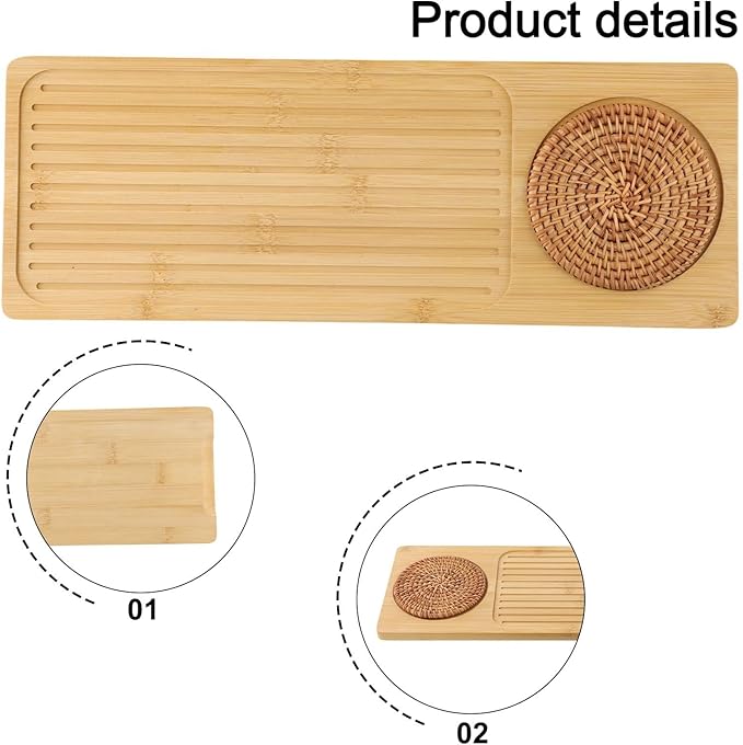 Tea Tray for Gongfu Tea, Wooden Serving Tray with Drainage Grid and Water Storage, Detachable Design, 34 * 12/40 * 15 cm