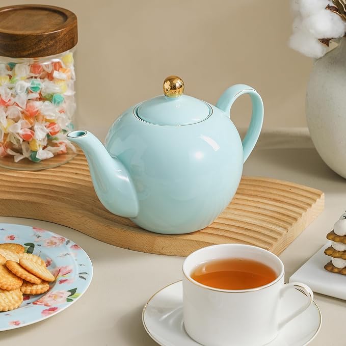 30oz Blue Porcelain Teapot, Ceramic Teapot with Gold Trim, Elegant Teapot for Loose Leaf Tea & Tea Bags, Tea Party Essential