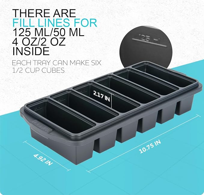 1/2 Cup Silicone Freezer Tray With Lid - Silicone Freezer Molds 2-Pack For meal prep & freezing of various sauces and other dishes, makes 12 perfect 1/2 cup portions cubes,oven and dishwasher safe