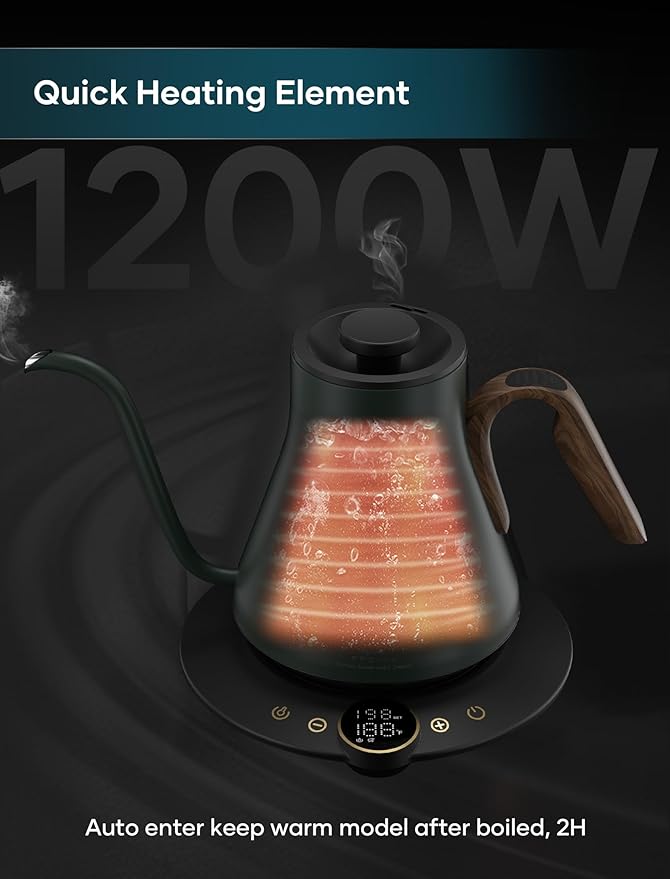Gooseneck Electric Kettle with ±1℉ Temperature Control for Pour Over Coffee & Tea, Quick Heating, BPA-Free Stainless Steel, Built-in Brew Timer