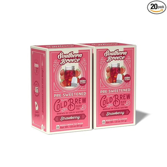 Southern Breeze Strawberry Iced Tea, Cold Brew Tea Bags, 20 Count (Pack of 2), Sugar Free, Zero Carbs, Zero Sugar, Black Tea, Southern Sweet Tea