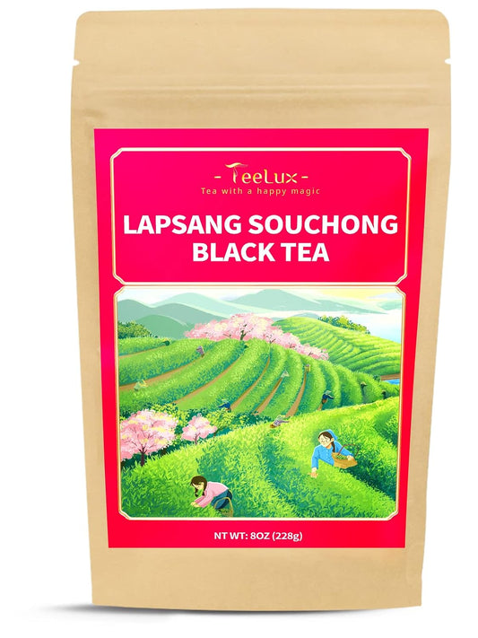 TeeLux Lapsang Souchong Tea, Smoked Black Tea Loose Leaf, Caffeinated, 8oz | Rich Smoky Aroma, Bold &amp; Smooth Taste, Traditional Chinese Smoked Tea, Hot or Iced, Foil-Lined Resealable Pouch