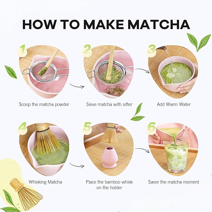 Pink Traditional Matcha Set Whisk and Bowl, 8 Pcs Matcha Making Kit Includes Ceramic Bowl with Spout, Bamboo Whisk, Holder, Scoop, Sifter