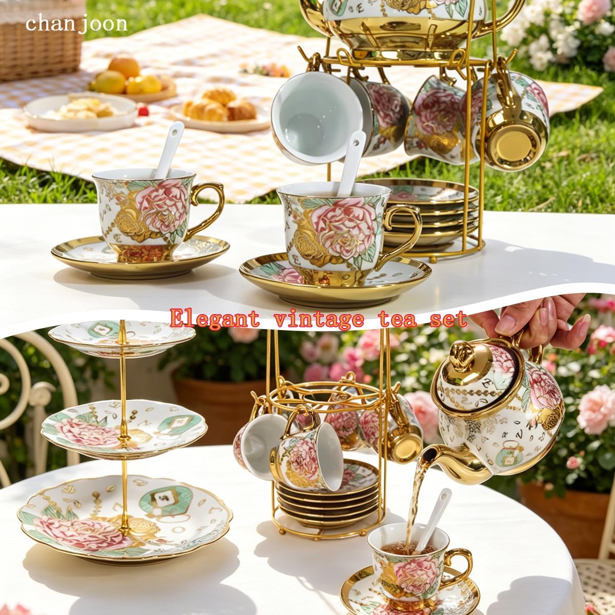 CHANOON Vintage StyleGold-Plated Red Rose Ceramic Tea Set Serving 6 People