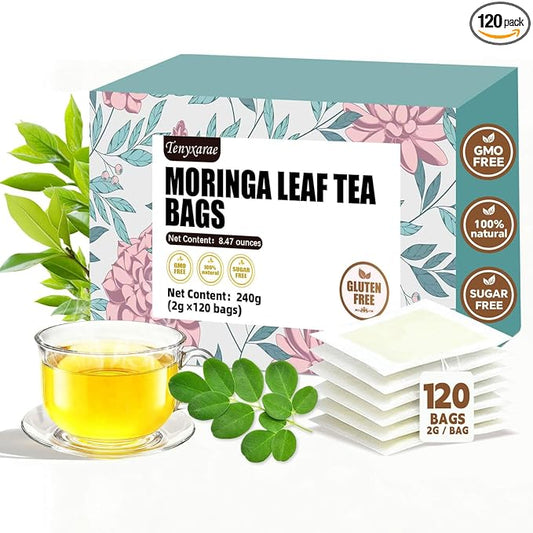 Organic Moringa Tea Bags, 120 Teabags, 2g/Bag, Made with 100% Natural Moringa Leaves. Helps with Digestion, Caffeine-Free, Sugar-Free, Gluten-Free